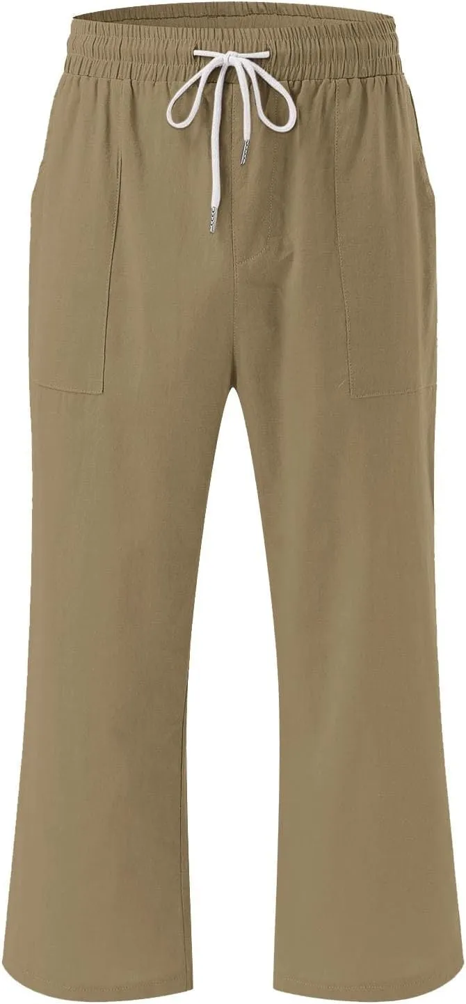 Summer Capri Pants for Women Cotton Linen Straight Leg Cropped Trousers High Waist Shorts Casual Pant with Pockets