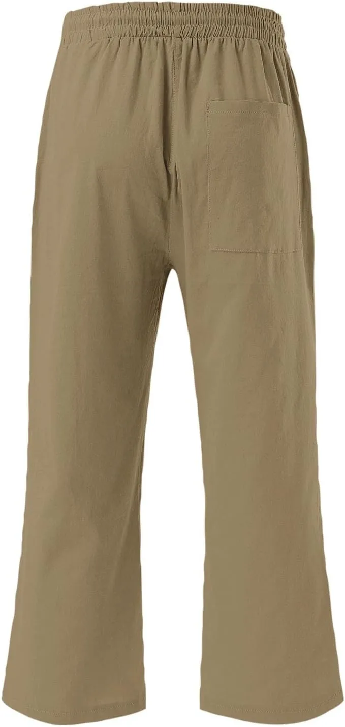 Summer Capri Pants for Women Cotton Linen Straight Leg Cropped Trousers High Waist Shorts Casual Pant with Pockets
