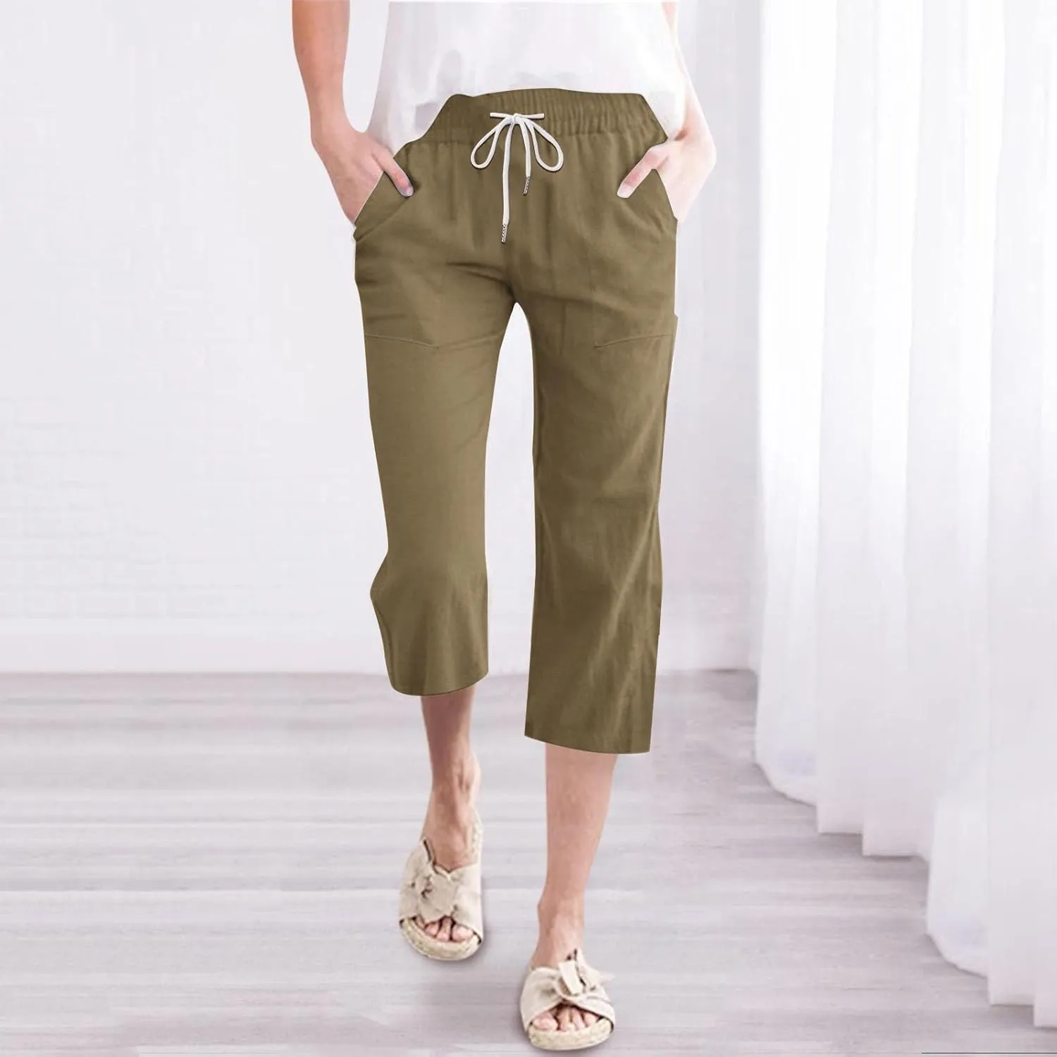 Summer Capri Pants for Women Cotton Linen Straight Leg Cropped Trousers High Waist Shorts Casual Pant with Pockets
