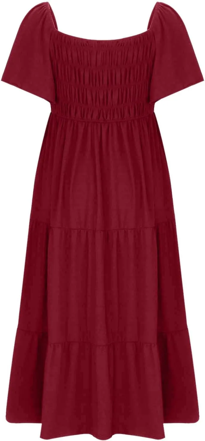 Summer Dresses for Women 2024 Casual Ruffle Short Sleeve Dressy Smocked Empire Waist Beach A-Line Maxi Sundress
