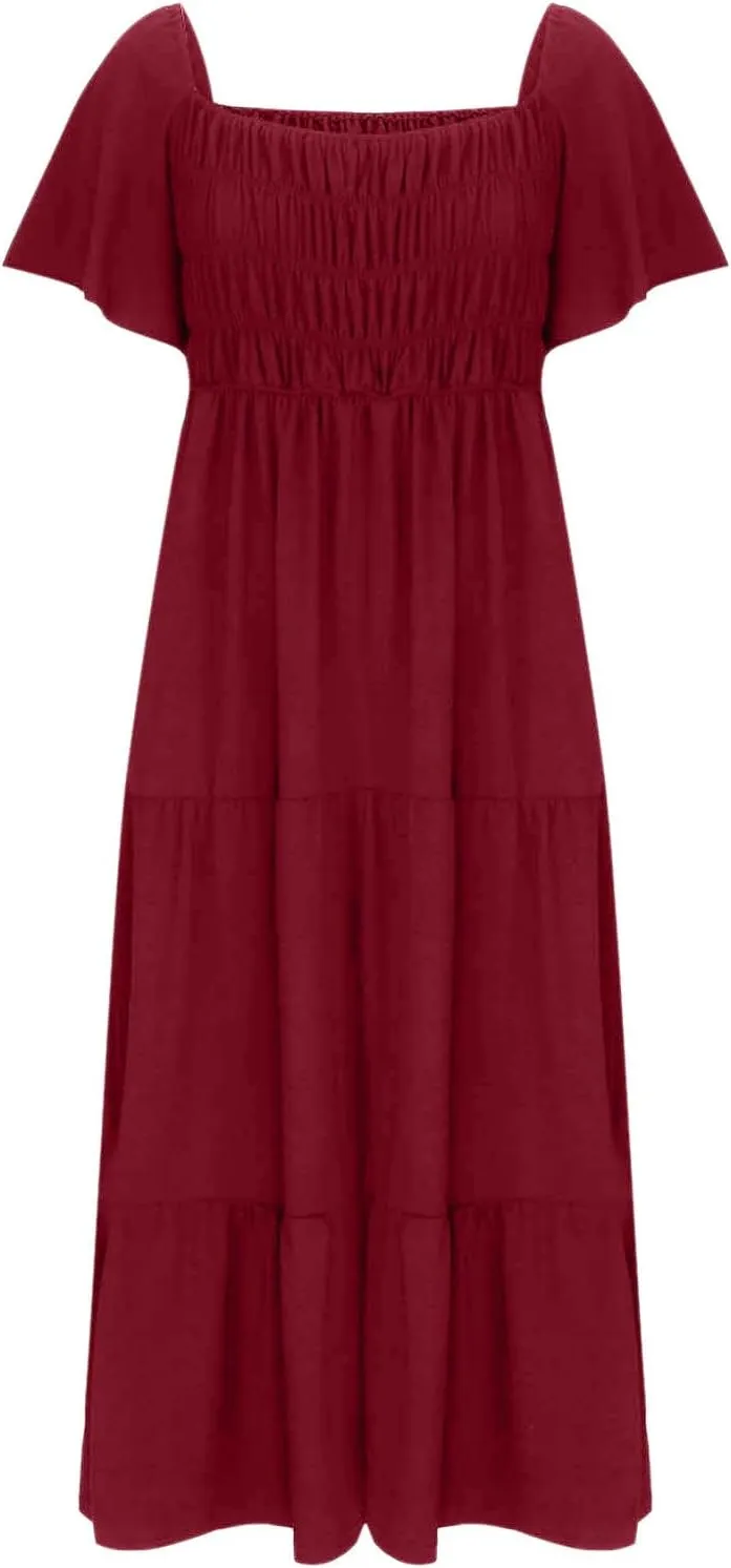 Summer Dresses for Women 2024 Casual Ruffle Short Sleeve Dressy Smocked Empire Waist Beach A-Line Maxi Sundress