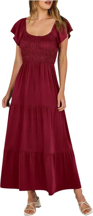 Summer Dresses for Women 2024 Casual Ruffle Short Sleeve Dressy Smocked Empire Waist Beach A-Line Maxi Sundress