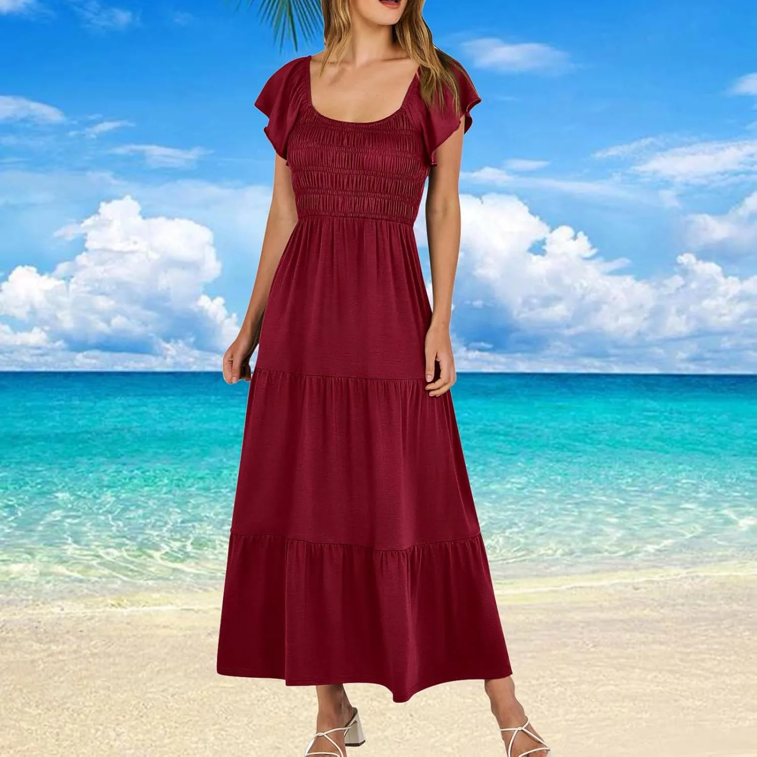 Summer Dresses for Women 2024 Casual Ruffle Short Sleeve Dressy Smocked Empire Waist Beach A-Line Maxi Sundress