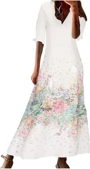 Summer Dresses for Women 2025 Boho Floral Print Long Dress Plus Size Maxi Sundress Flowy Beach Vacation Dress Outfits