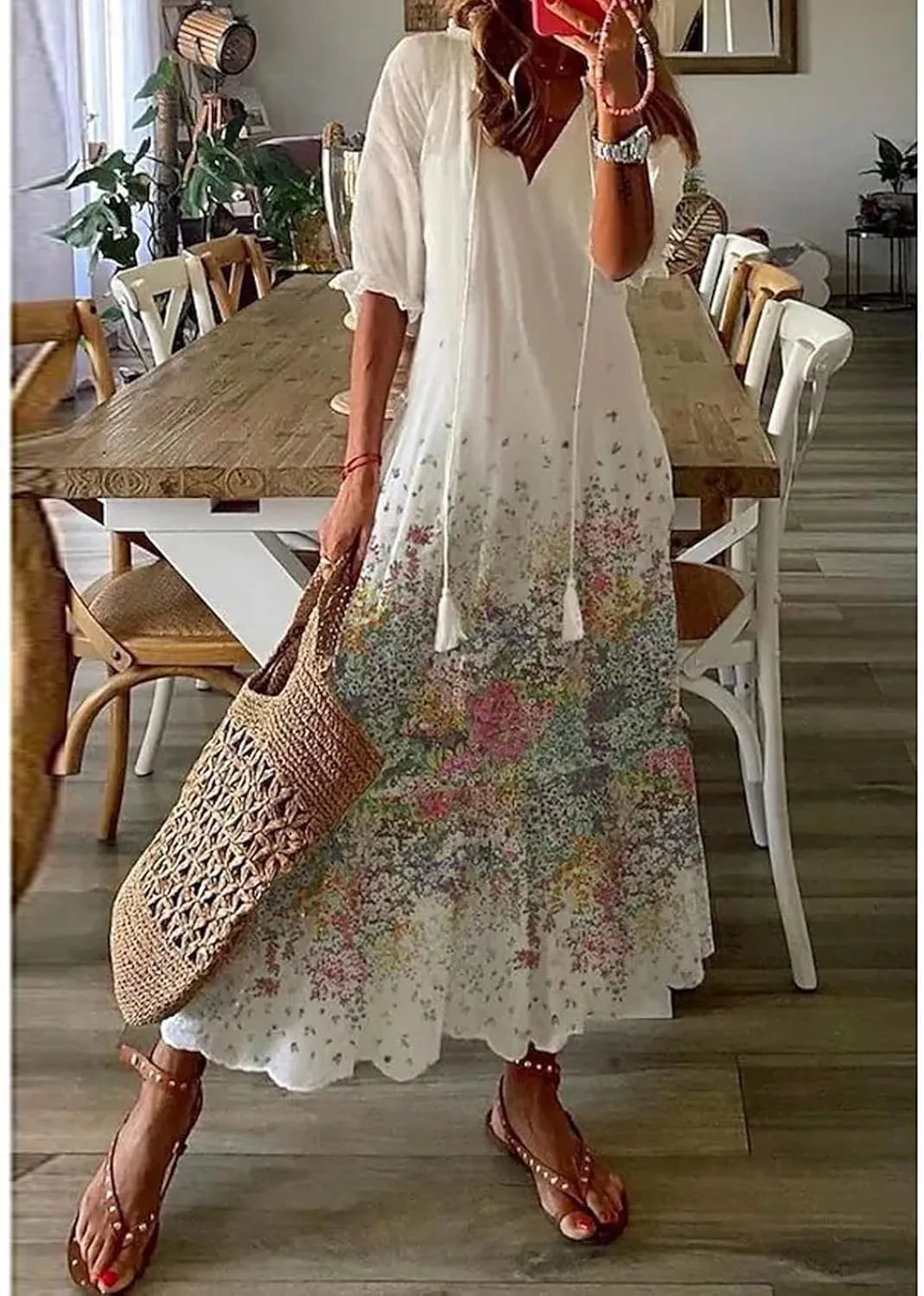 Summer Dresses for Women 2025 Boho Floral Print Long Dress Plus Size Maxi Sundress Flowy Beach Vacation Dress Outfits