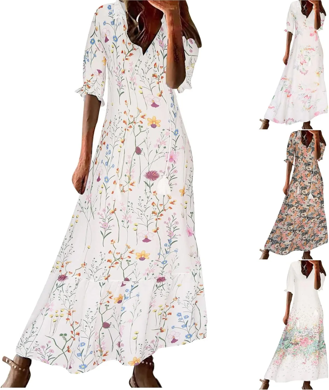 Summer Dresses for Women 2025 Boho Floral Print Long Dress Plus Size Maxi Sundress Flowy Beach Vacation Dress Outfits
