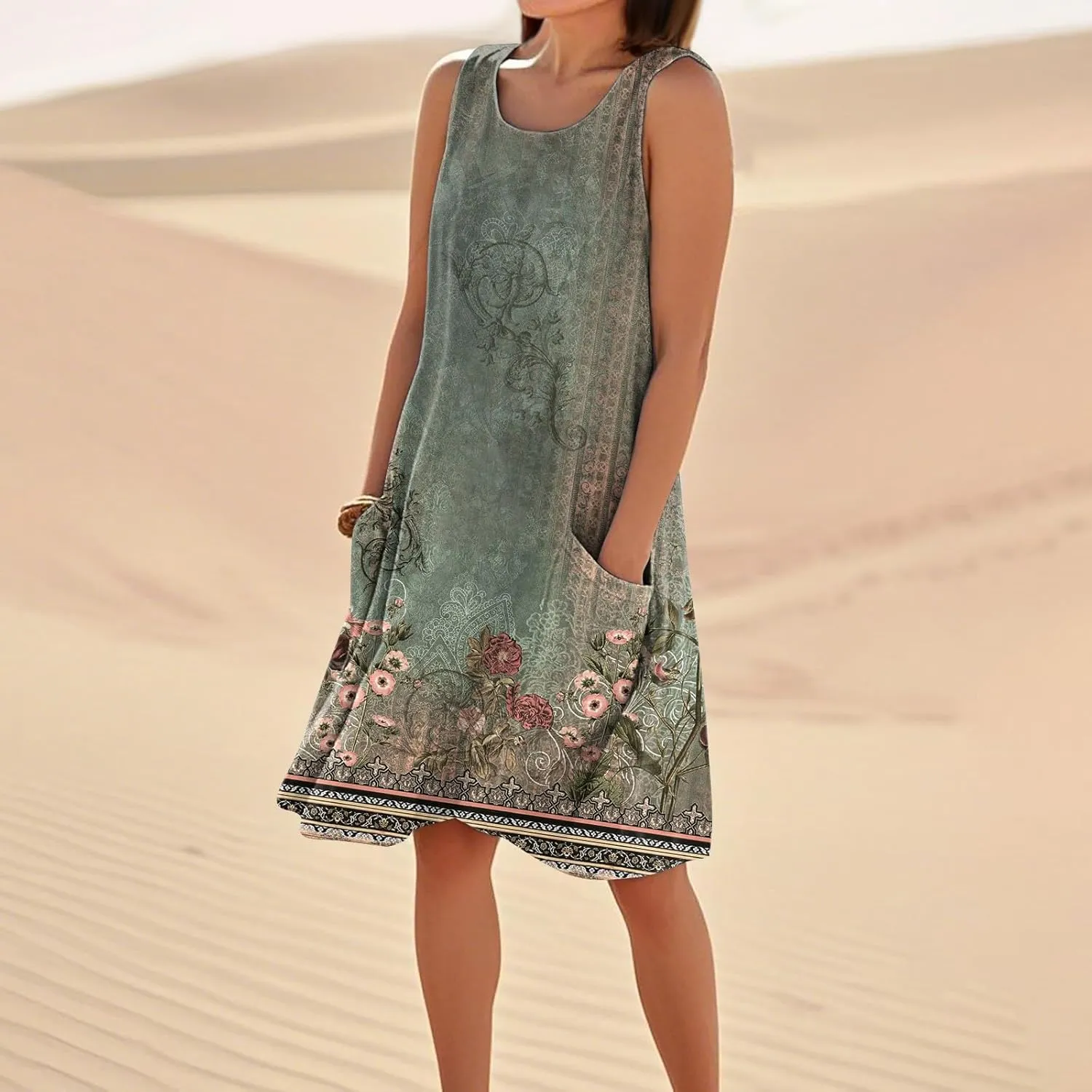 Summer Dresses for Women 2025 Sleeveless Cotton Linen Tank Dress Plus Size Floral Print Beach Sundress with Pockets