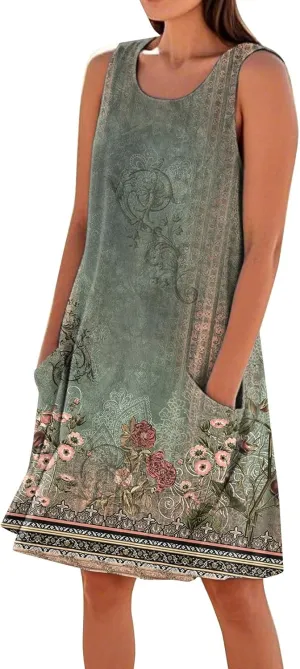 Summer Dresses for Women 2025 Sleeveless Cotton Linen Tank Dress Plus Size Floral Print Beach Sundress with Pockets