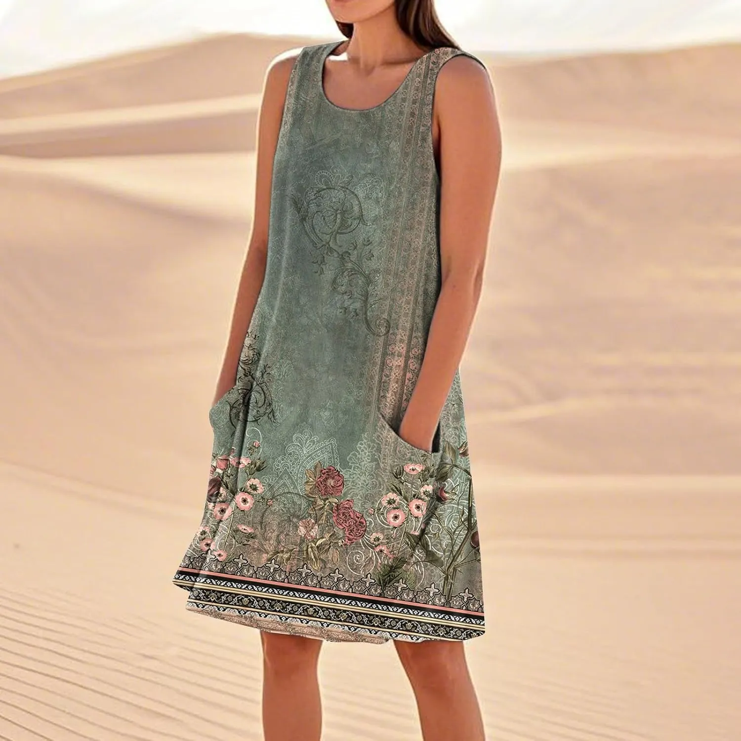 Summer Dresses for Women 2025 Sleeveless Cotton Linen Tank Dress Plus Size Floral Print Beach Sundress with Pockets