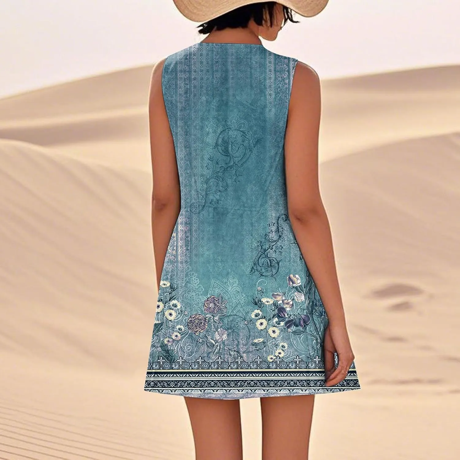 Summer Dresses for Women 2025 Sleeveless Cotton Linen Tank Dress Plus Size Floral Print Beach Sundress with Pockets