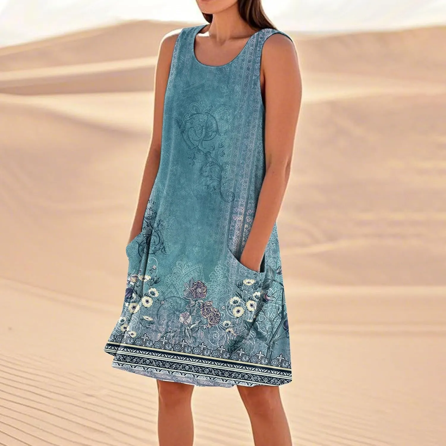 Summer Dresses for Women 2025 Sleeveless Cotton Linen Tank Dress Plus Size Floral Print Beach Sundress with Pockets