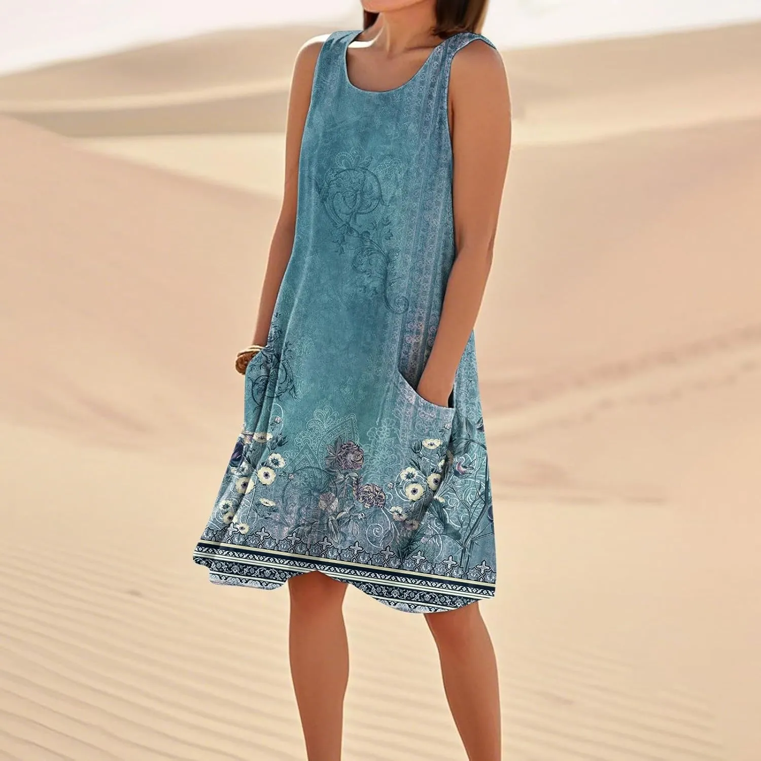 Summer Dresses for Women 2025 Sleeveless Cotton Linen Tank Dress Plus Size Floral Print Beach Sundress with Pockets