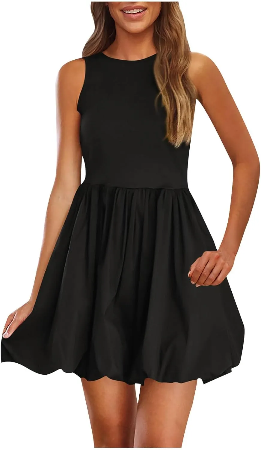 Summer Dresses for Women Casual Sleeveless Mini Bubble Short Tank Dress Cute Drop Waist Cocktail Sundress with Pockets