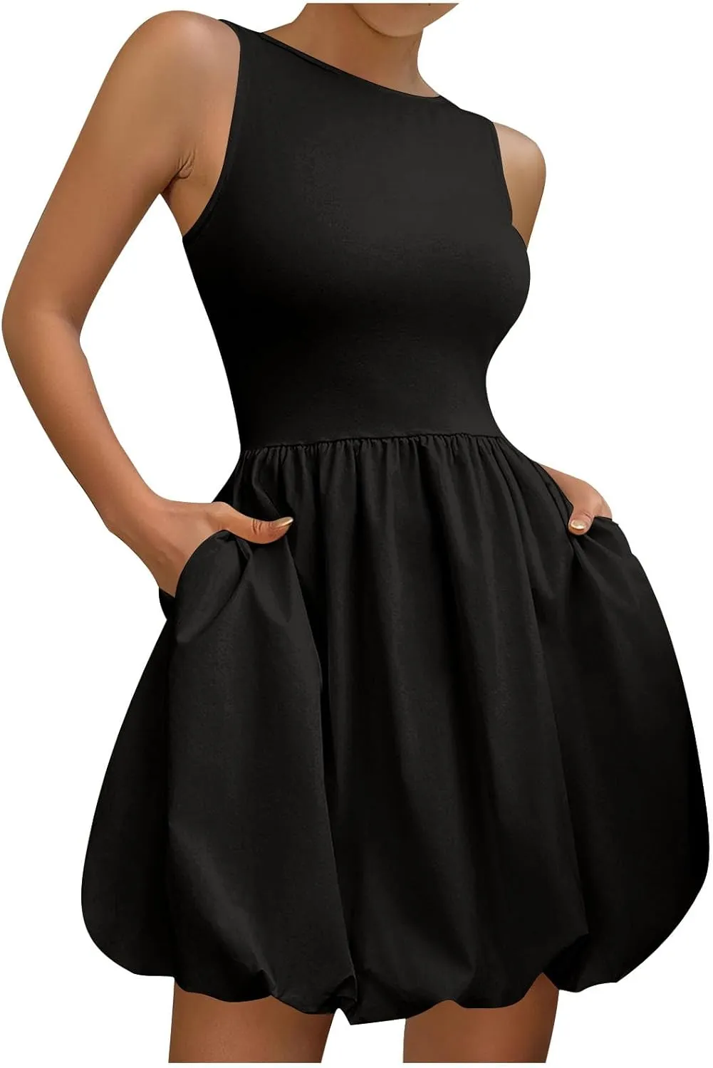 Summer Dresses for Women Casual Sleeveless Mini Bubble Short Tank Dress Cute Drop Waist Cocktail Sundress with Pockets