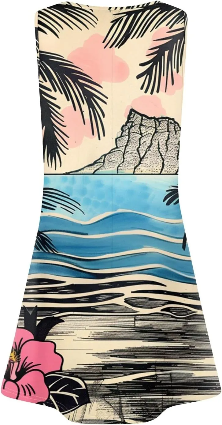 Summer Dresses for Women Sleeveless Mini Dresses Beach Floral Tshirt Sundress Casual Pockets Boho Tank Dress