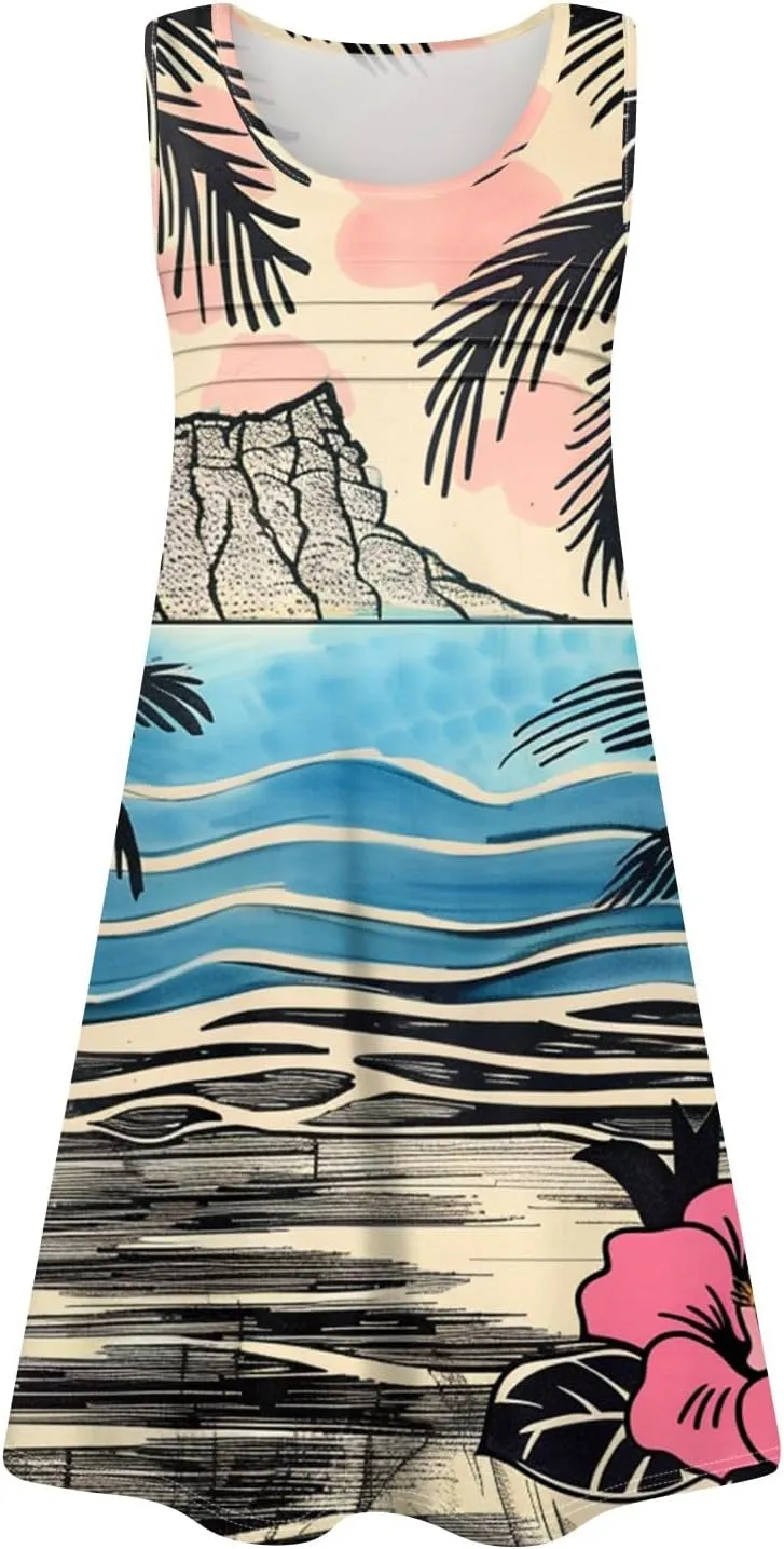 Summer Dresses for Women Sleeveless Mini Dresses Beach Floral Tshirt Sundress Casual Pockets Boho Tank Dress
