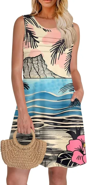 Summer Dresses for Women Sleeveless Mini Dresses Beach Floral Tshirt Sundress Casual Pockets Boho Tank Dress
