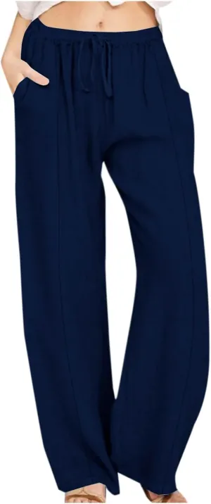Summer Linen Pants for Women High Waisted Straight Leg Trousers Drawstring Elastic Loose Casual Boho Palazzo Pants