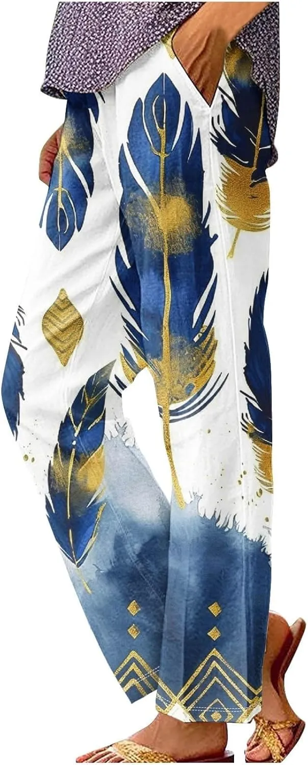 Summer Linen Pants for Women Wide Leg Boho Floral Printed Loose Palazzo Beach Trousers with Drawstring and Pockets