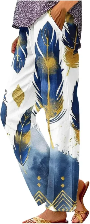 Summer Linen Pants for Women Wide Leg Boho Floral Printed Loose Palazzo Beach Trousers with Drawstring and Pockets