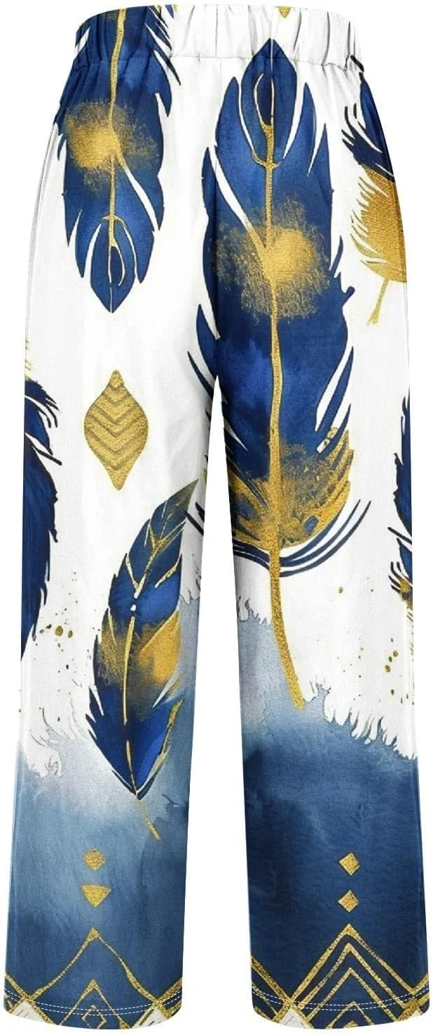 Summer Linen Pants for Women Wide Leg Boho Floral Printed Loose Palazzo Beach Trousers with Drawstring and Pockets