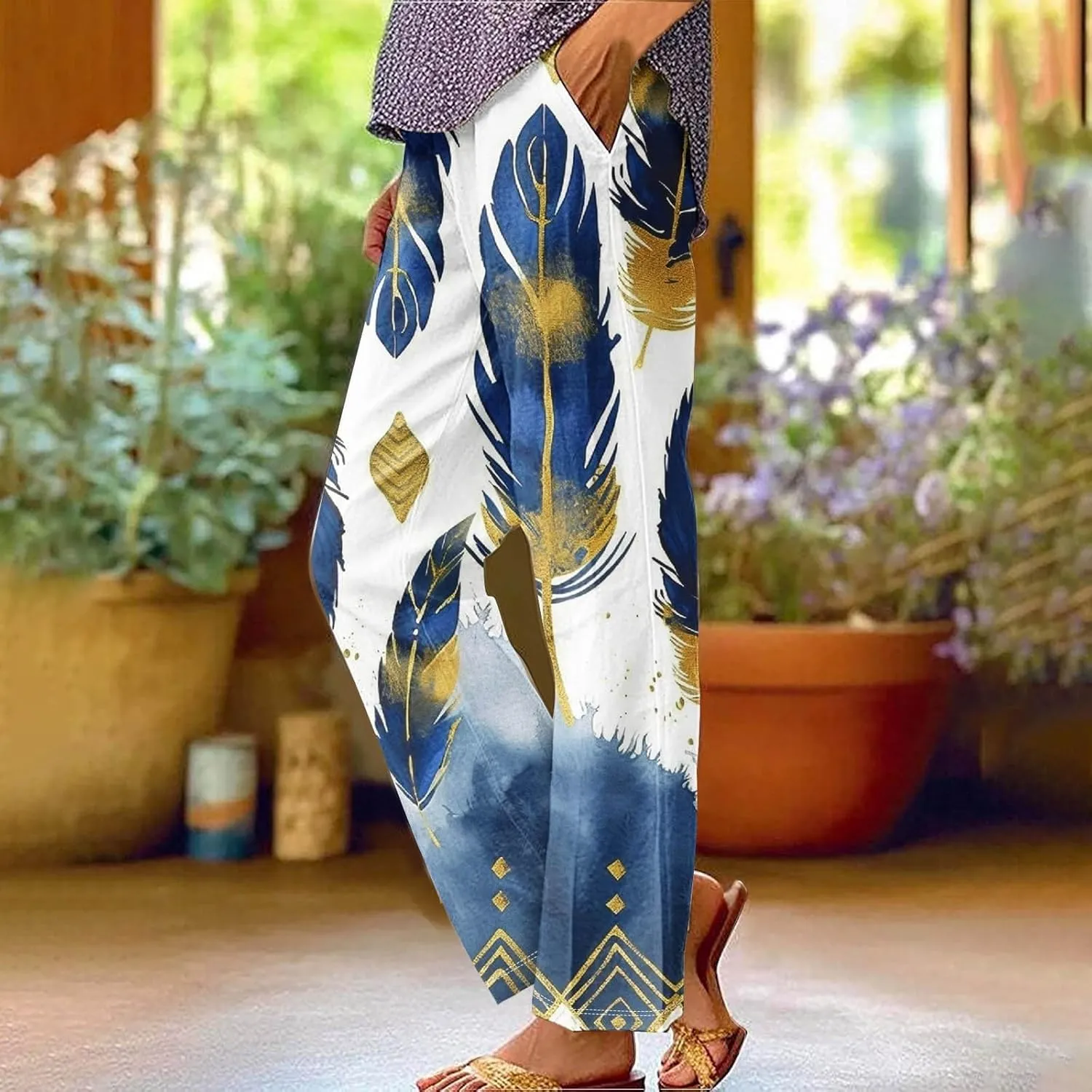 Summer Linen Pants for Women Wide Leg Boho Floral Printed Loose Palazzo Beach Trousers with Drawstring and Pockets
