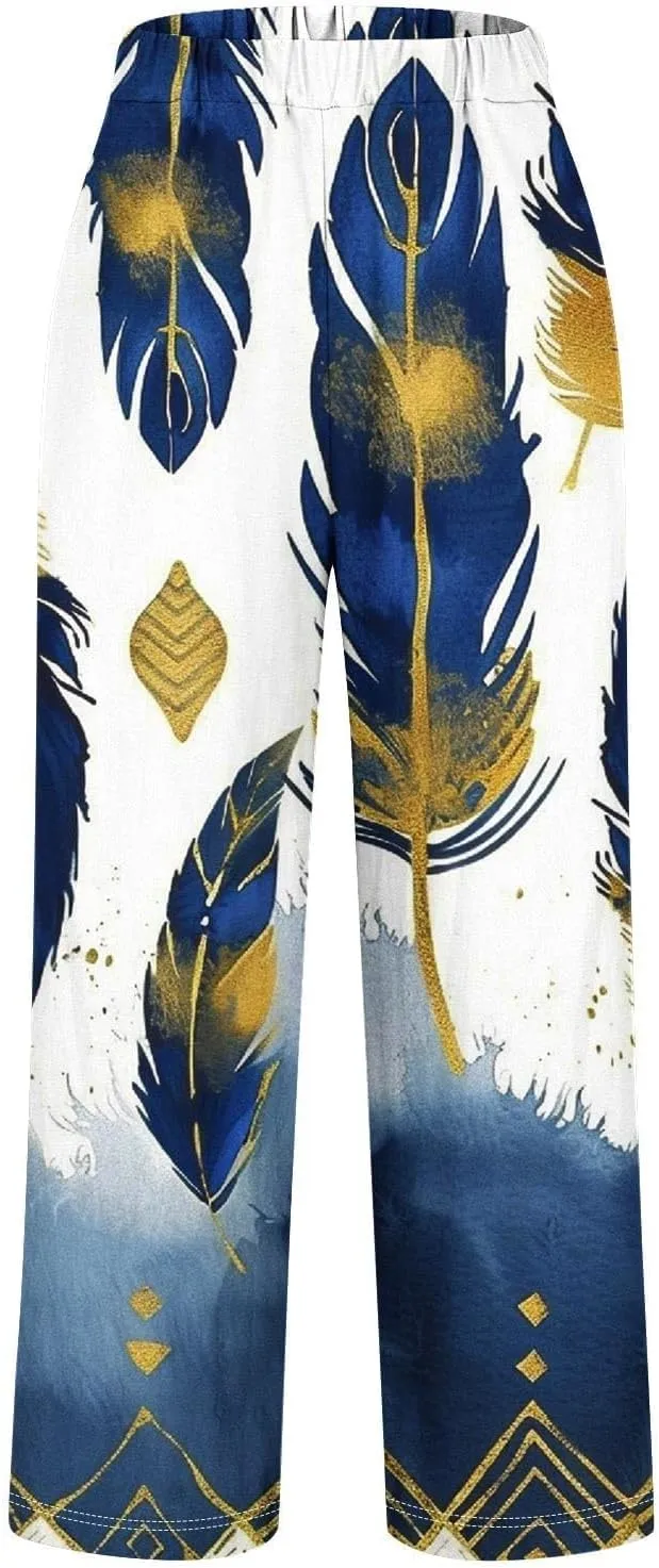 Summer Linen Pants for Women Wide Leg Boho Floral Printed Loose Palazzo Beach Trousers with Drawstring and Pockets