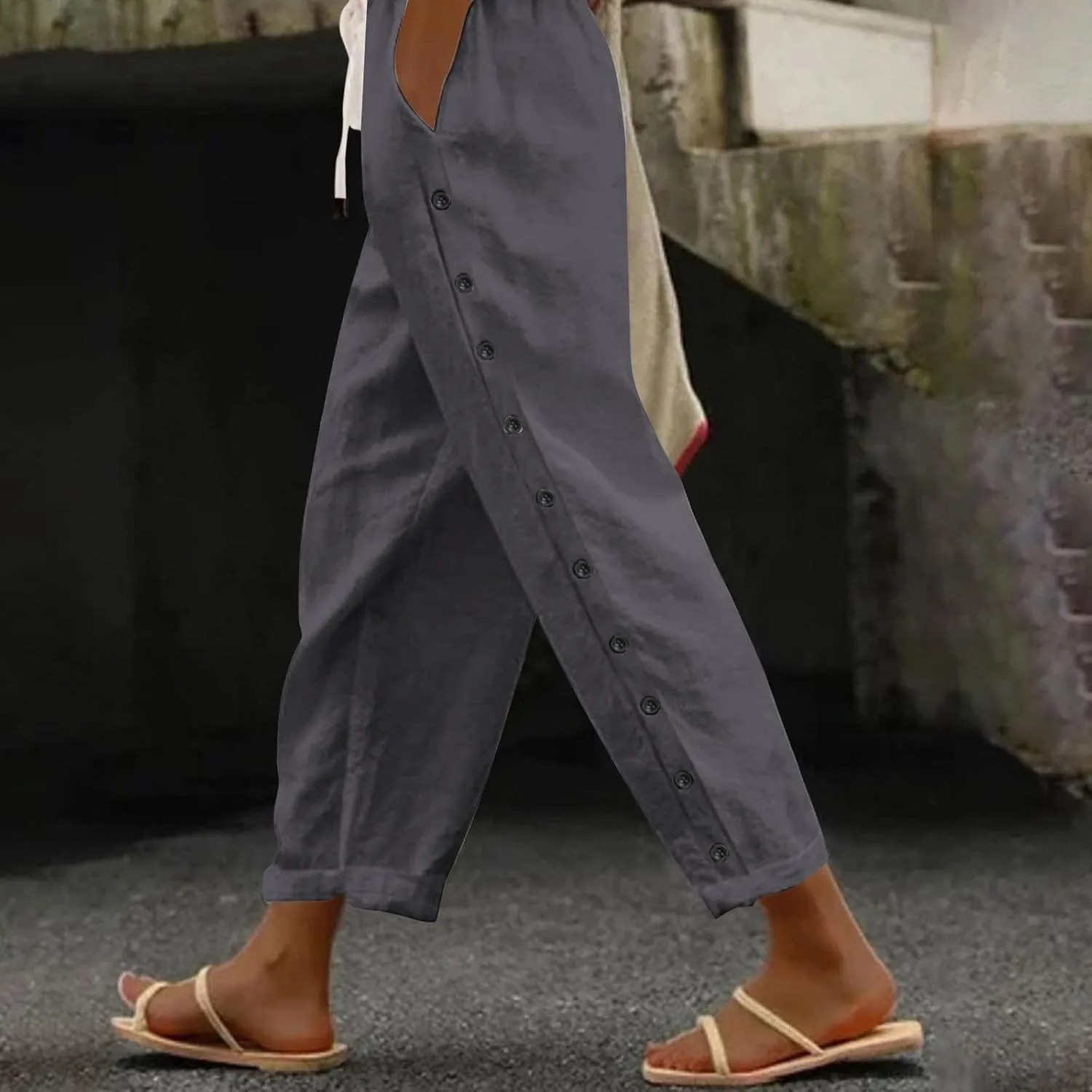 Summer Pants for Women 2025 Trendy Summer Vacation Side Button Elastic Waist Baggy Straight Leg Trousers with Pockets