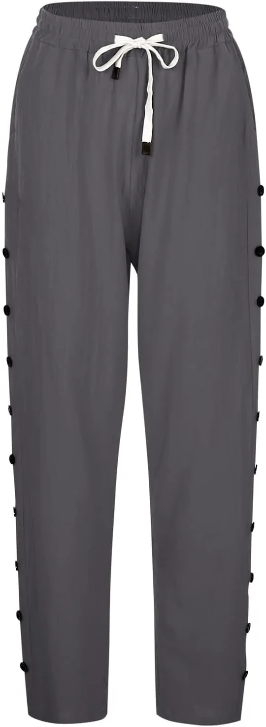 Summer Pants for Women 2025 Trendy Summer Vacation Side Button Elastic Waist Baggy Straight Leg Trousers with Pockets