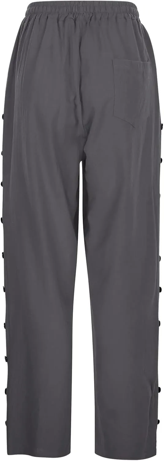 Summer Pants for Women 2025 Trendy Summer Vacation Side Button Elastic Waist Baggy Straight Leg Trousers with Pockets