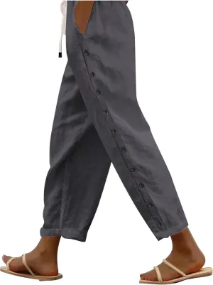 Summer Pants for Women 2025 Trendy Summer Vacation Side Button Elastic Waist Baggy Straight Leg Trousers with Pockets