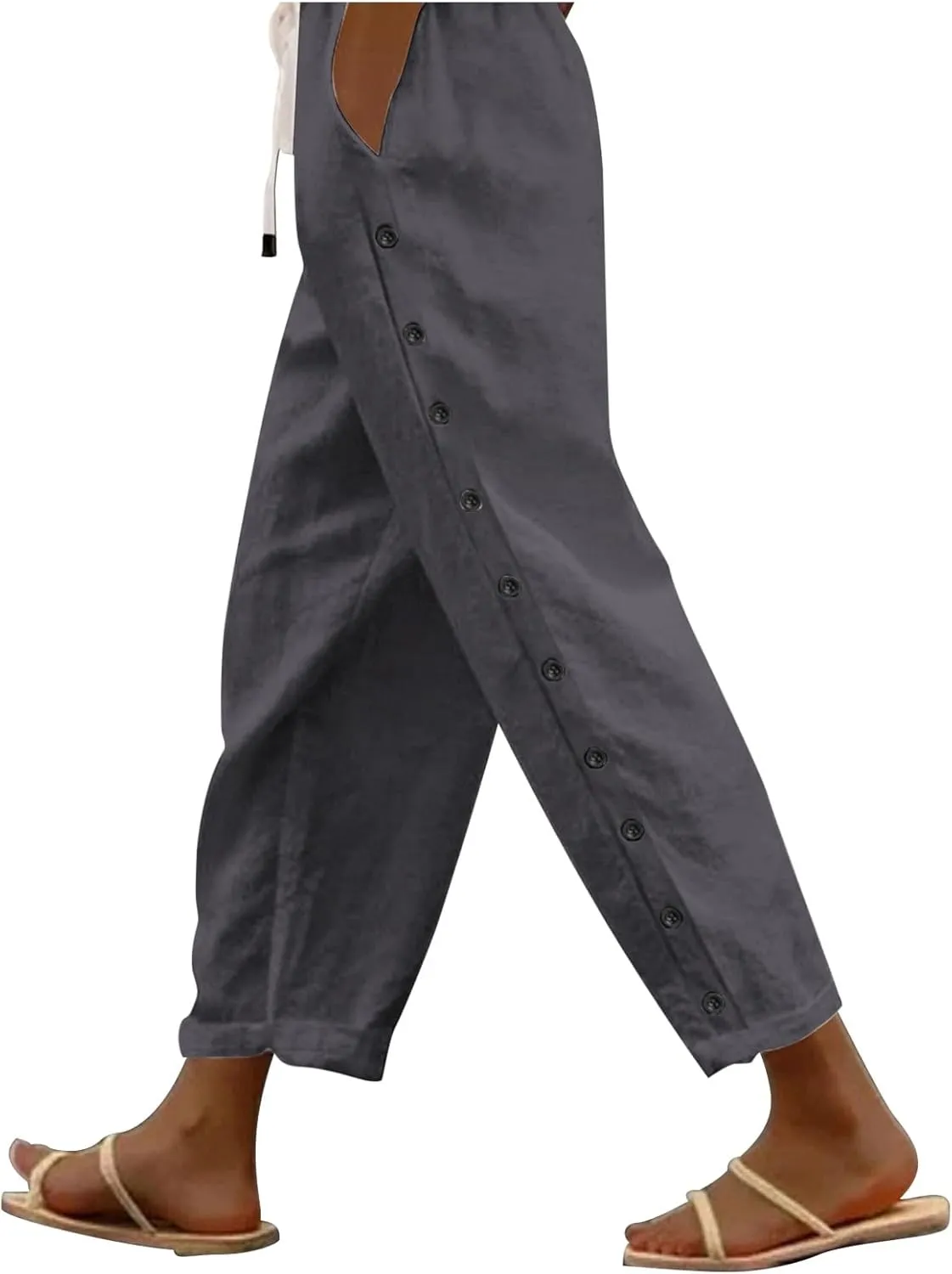 Summer Pants for Women 2025 Trendy Summer Vacation Side Button Elastic Waist Baggy Straight Leg Trousers with Pockets