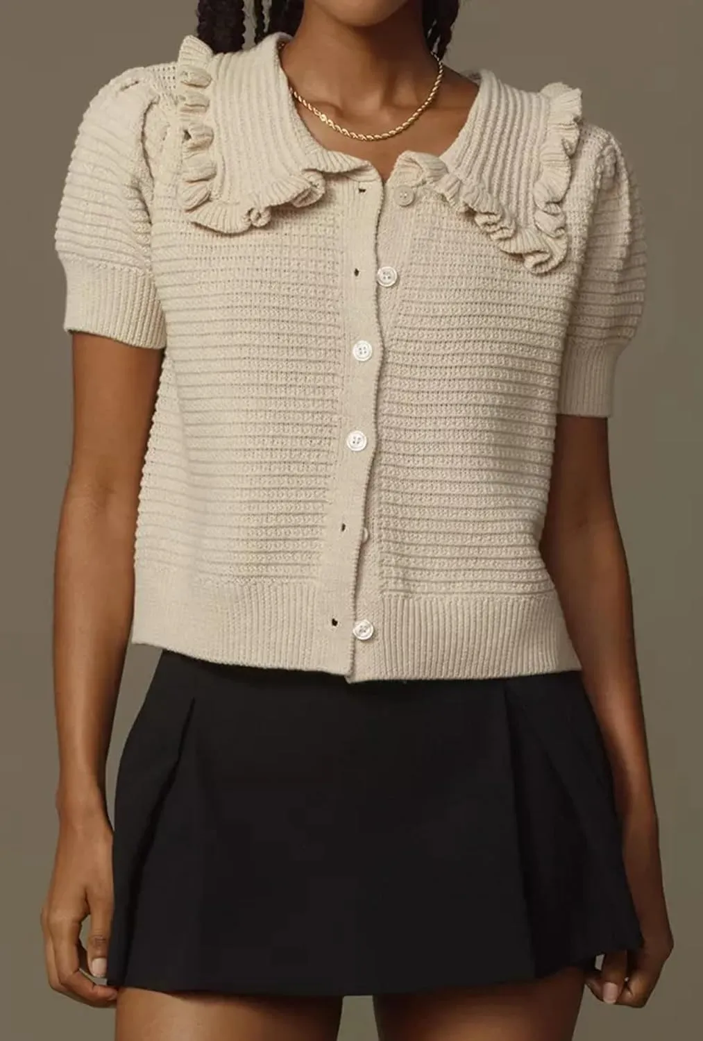 Summer Ruffle Collar Cardigan Sweater for Women Cute Short Sleeve Sweater Tops Button Open Front Cardigans