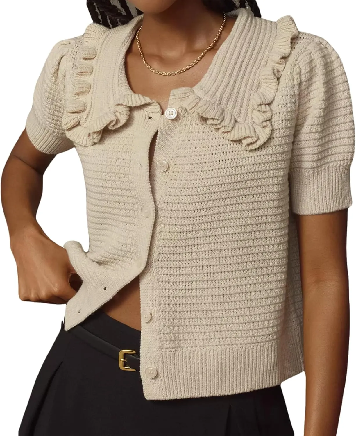 Summer Ruffle Collar Cardigan Sweater for Women Cute Short Sleeve Sweater Tops Button Open Front Cardigans