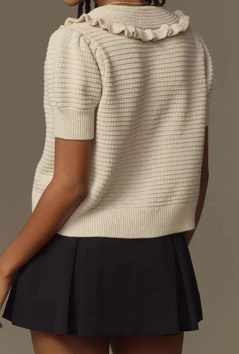 Summer Ruffle Collar Cardigan Sweater for Women Cute Short Sleeve Sweater Tops Button Open Front Cardigans