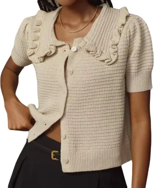 Summer Ruffle Collar Cardigan Sweater for Women Cute Short Sleeve Sweater Tops Button Open Front Cardigans