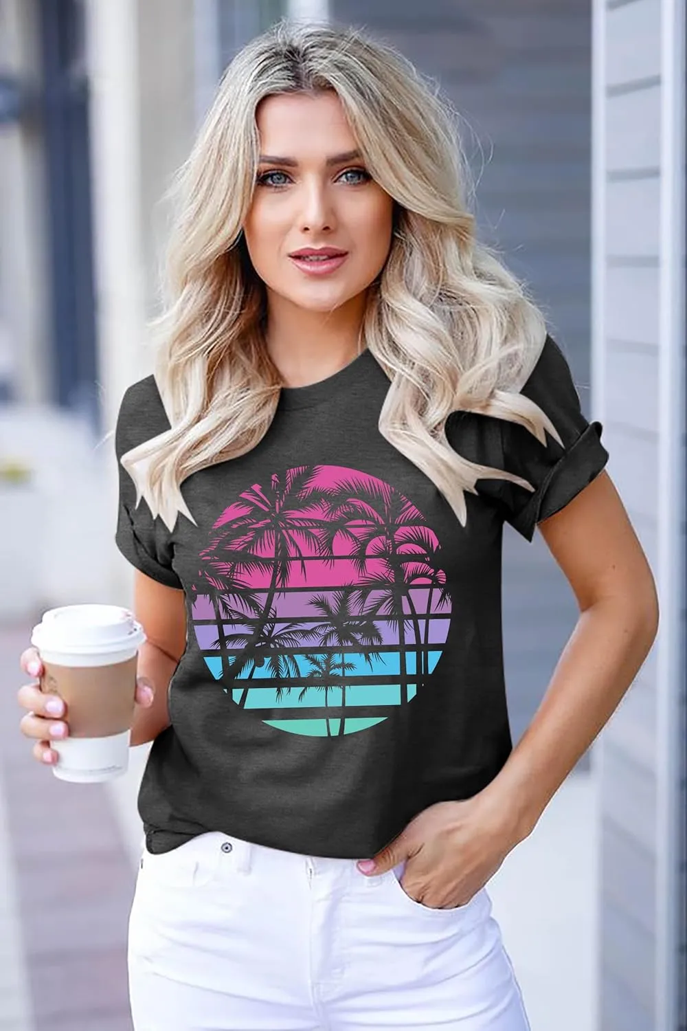 Summer T Shirt for Women Wave Coconut Tree Graphic Short Sleeve Casual Vacation Trip Tee Top