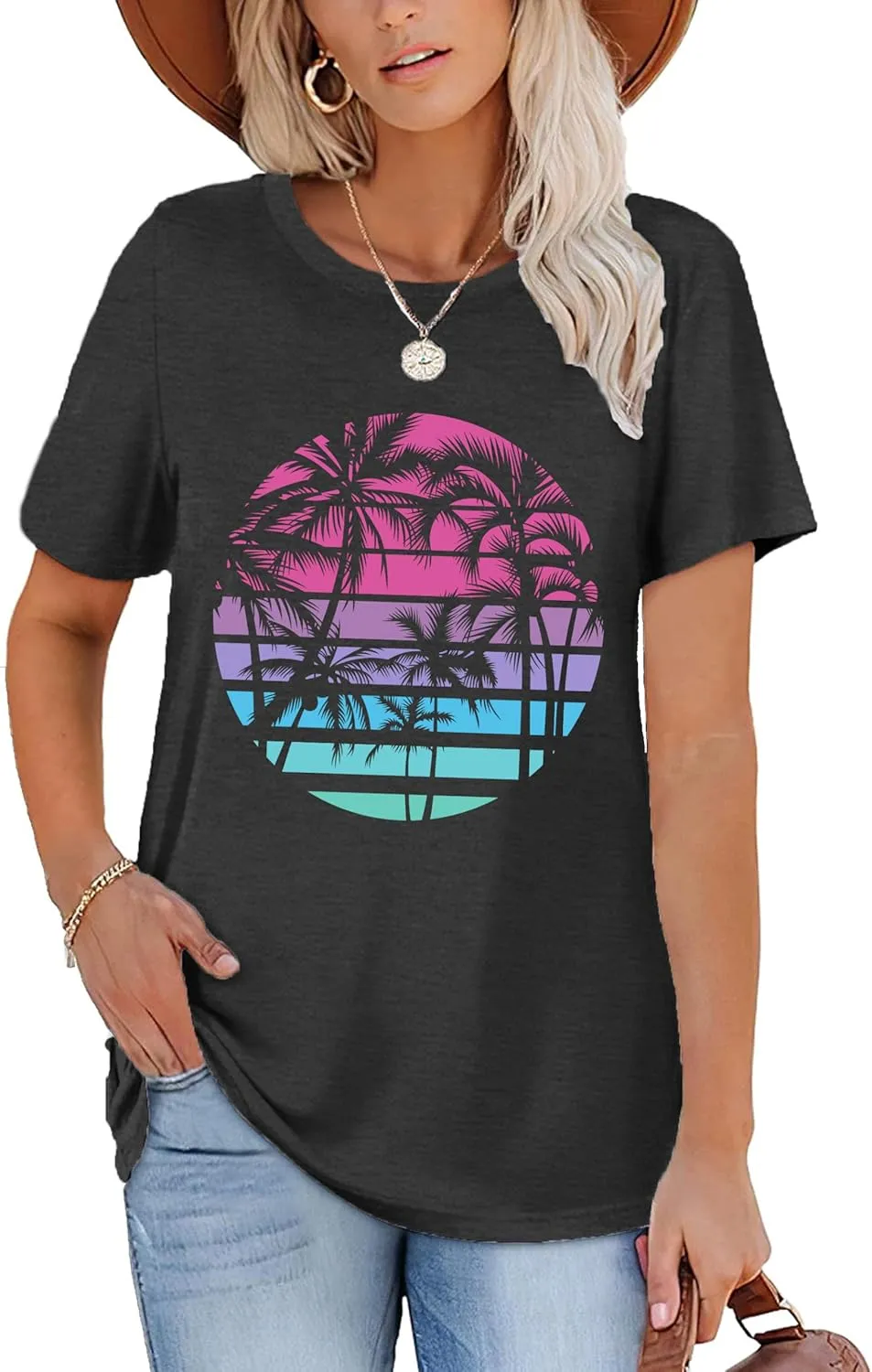 Summer T Shirt for Women Wave Coconut Tree Graphic Short Sleeve Casual Vacation Trip Tee Top