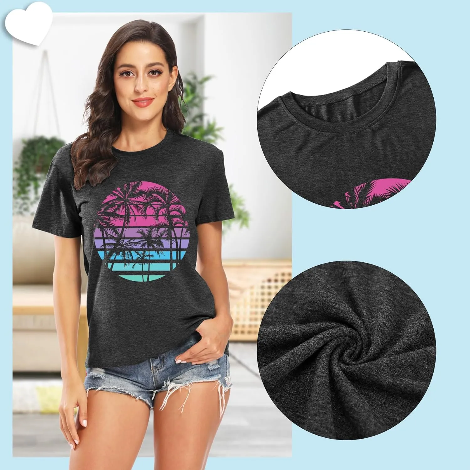 Summer T Shirt for Women Wave Coconut Tree Graphic Short Sleeve Casual Vacation Trip Tee Top