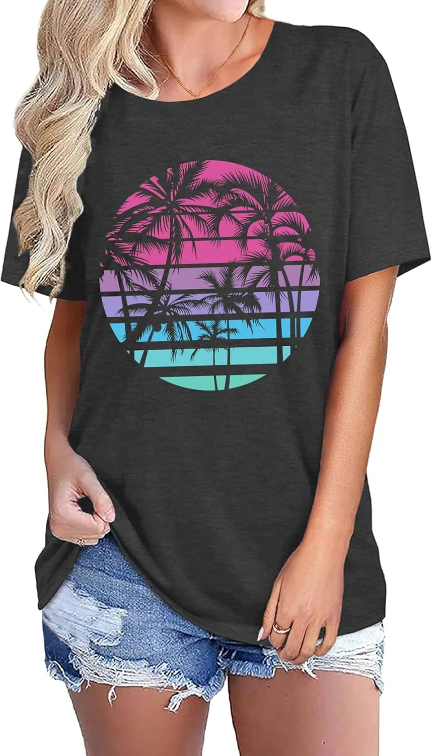 Summer T Shirt for Women Wave Coconut Tree Graphic Short Sleeve Casual Vacation Trip Tee Top