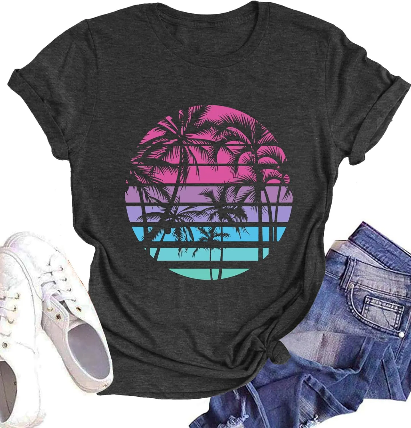 Summer T Shirt for Women Wave Coconut Tree Graphic Short Sleeve Casual Vacation Trip Tee Top