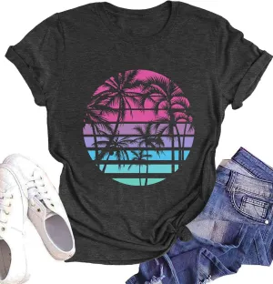 Summer T Shirt for Women Wave Coconut Tree Graphic Short Sleeve Casual Vacation Trip Tee Top