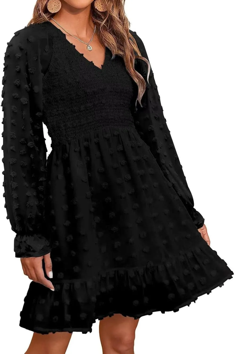 Sun Dresses for Women 2025 Vacation Long Sleeve Sexy V Neck Swiss Dots Mini Dress High Waisted A Line Ruffle Dress