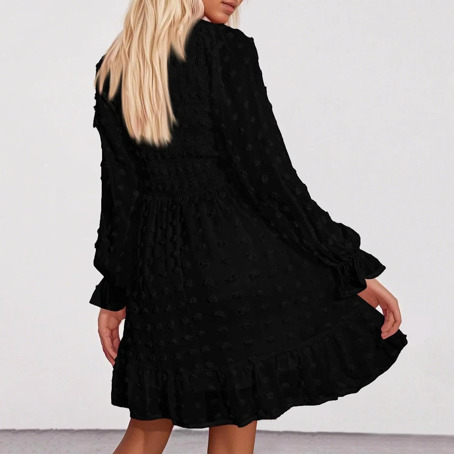 Sun Dresses for Women 2025 Vacation Long Sleeve Sexy V Neck Swiss Dots Mini Dress High Waisted A Line Ruffle Dress