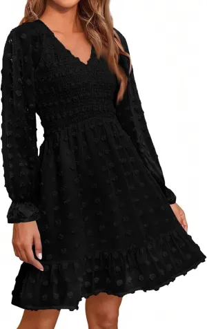 Sun Dresses for Women 2025 Vacation Long Sleeve Sexy V Neck Swiss Dots Mini Dress High Waisted A Line Ruffle Dress