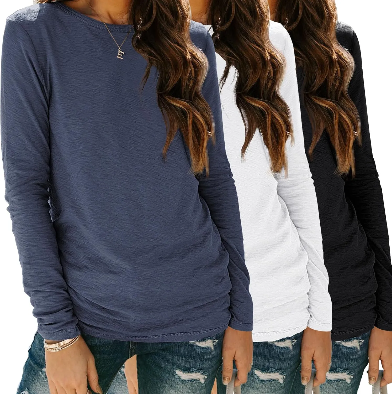 SUNBS Womens 3 Packs Long Sleeve Shirts Loose Fit Fall Tops Fashion Clothes Outfits 2025 Basic Tee Crew Neck Tops