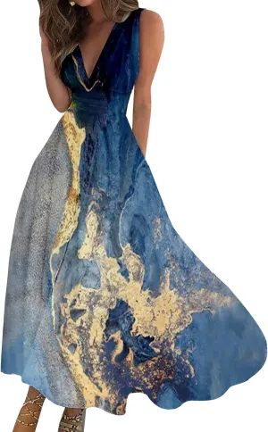 Sundresses for Women,2024 Summer Elegant Wrap V Neck Sleeveless Maxi Dress,Trendy Floral Print Flowy Boho Beach Dress
