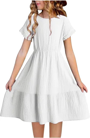 Teen Girls Casual Dress Summer Flutter Sleeve Swing Dresses Kids Smocked Ruffle Mini Skirts Tiered Beach Sundress