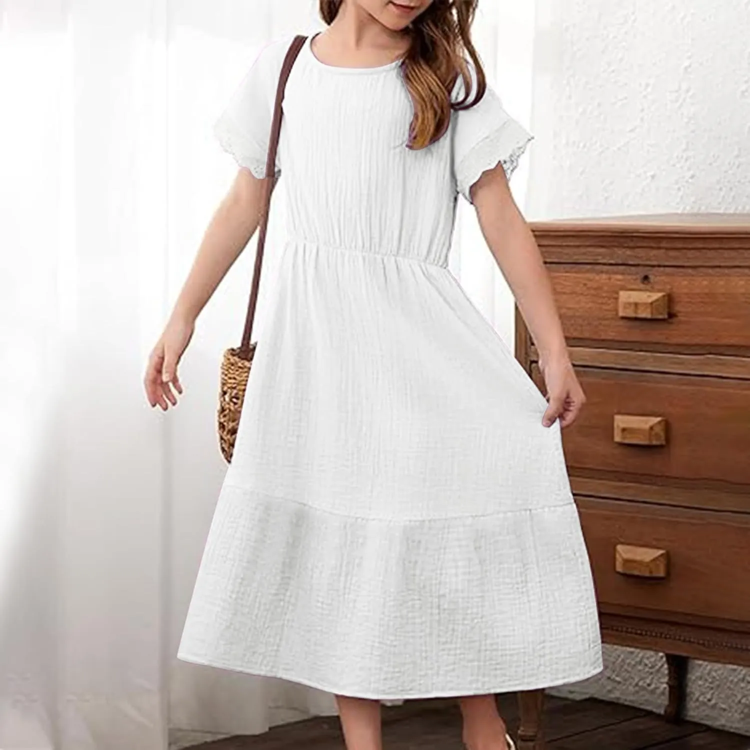 Teen Girls Casual Dress Summer Flutter Sleeve Swing Dresses Kids Smocked Ruffle Mini Skirts Tiered Beach Sundress
