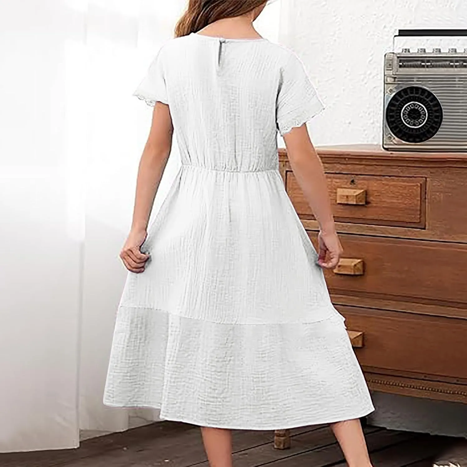 Teen Girls Casual Dress Summer Flutter Sleeve Swing Dresses Kids Smocked Ruffle Mini Skirts Tiered Beach Sundress